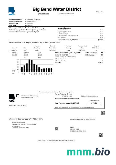 USA Nevada Big Bend Water District rachunek za usługi komunalne szablon w formacie Word i PDF